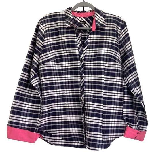 Beluva San Francisco Button Up Shirt Crinkle Blue Plaid Long Sleeves Size L - Picture 1 of 11